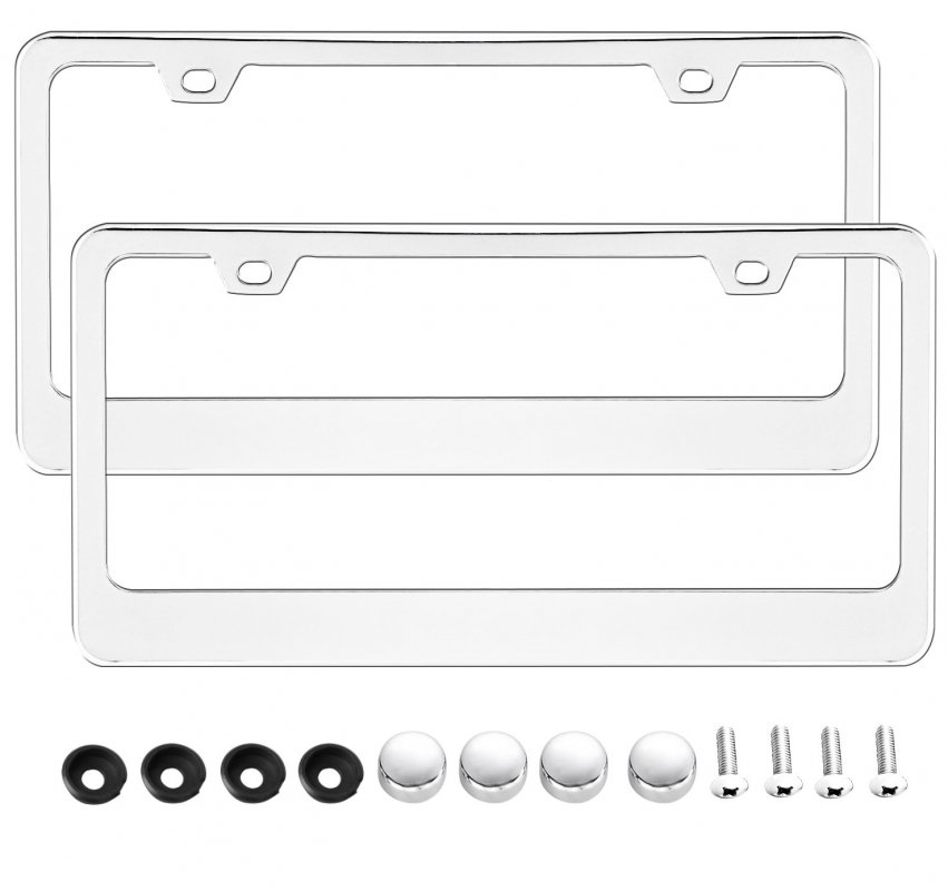 Korlon 2 Pack Stainless Steel Polished Mirror License Plate Frame with Two Holes and Chrome Screw Caps - Click Image to Close