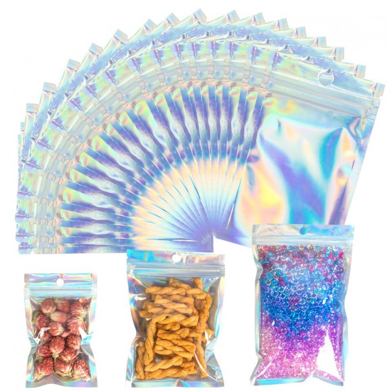 Korlon Tec 100 Pcs Resealable Holographic Smell Proof Bags, Mylar Bags for Food Storage - Click Image to Close