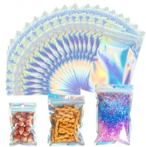 Korlon Tec 100 Pcs Resealable Holographic Smell Proof Bags, Mylar Bags for Food Storage