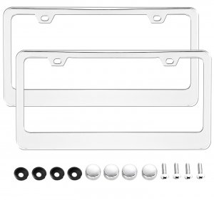 Korlon 2 Pack Stainless Steel Polished Mirror License Plate Frame with Two Holes and Chrome Screw Caps