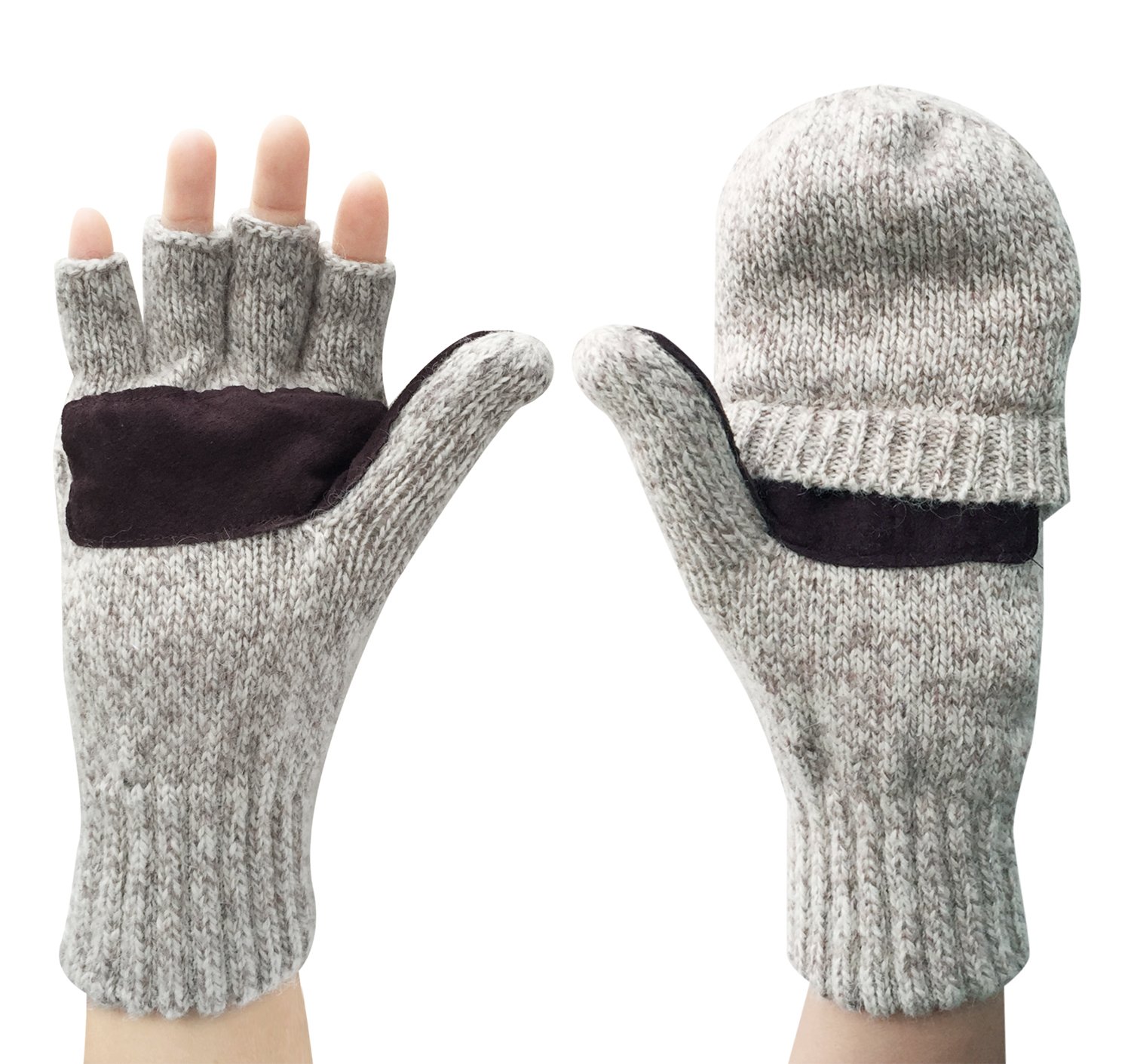 Korlon Wool Knitted Convertible Fingerless Gloves with Mitten Cover