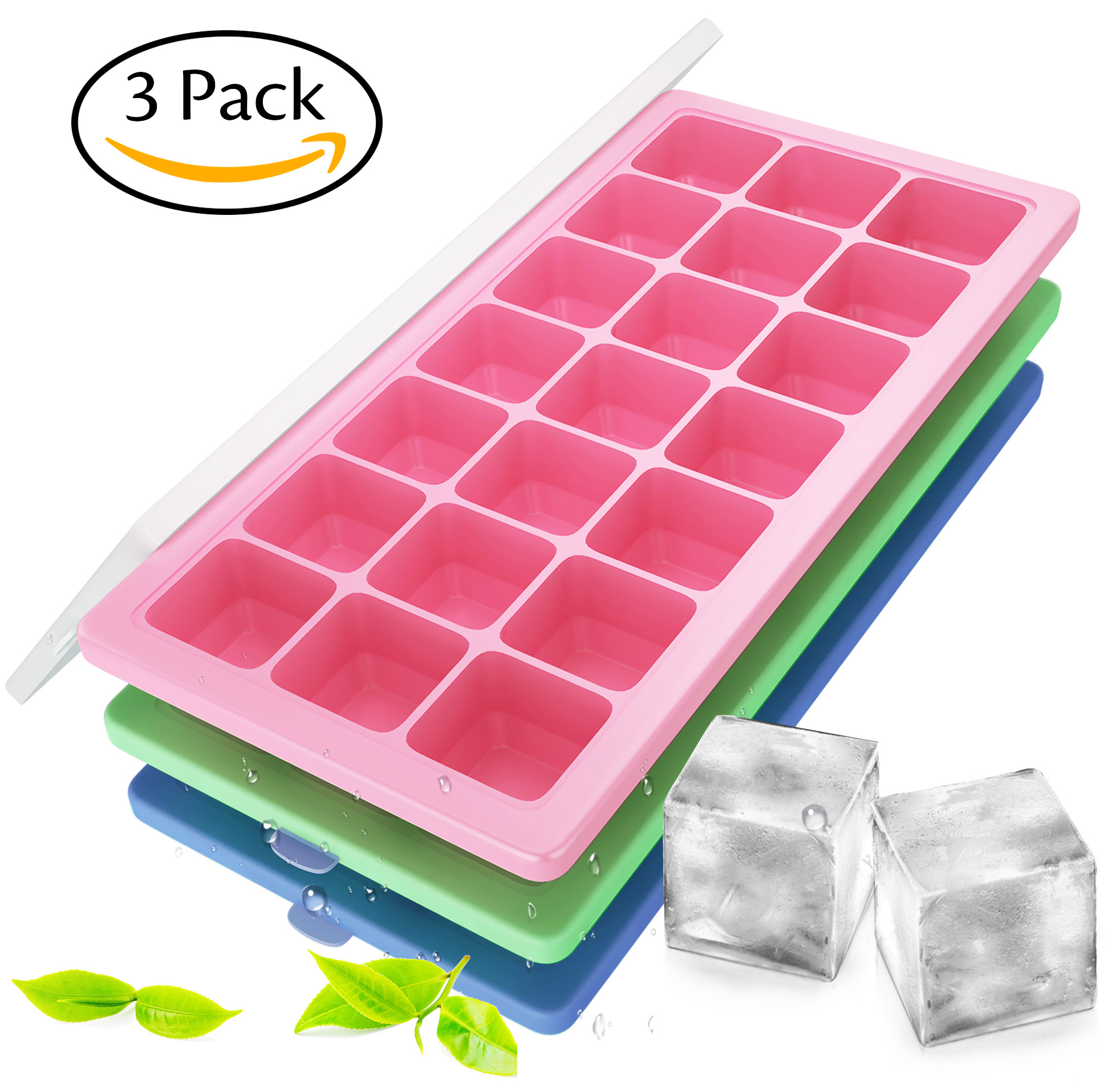 Korlon 3 Pack Silicone Ice Cube Trays with Lid - Easy Release Ice