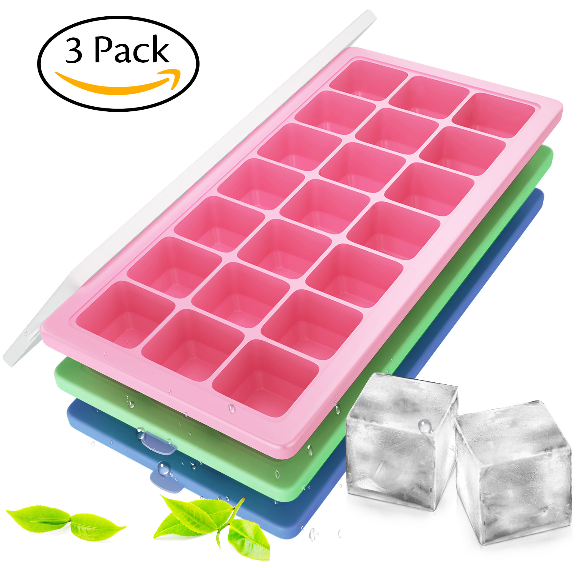 Korlon 3 Pack Silicone Ice Cube Trays with Lid - Easy Release Ice Cube Mold Containers - Silicone Ice Cube Maker for Cocktail Whiskey, 21 Shaped Cubes Each with Cover